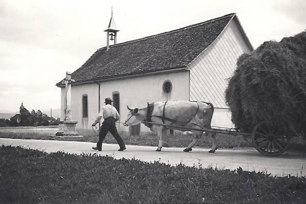 Carte SEB 2020 - Char de foin devant la chapelle St-Hubert vers 1915.
